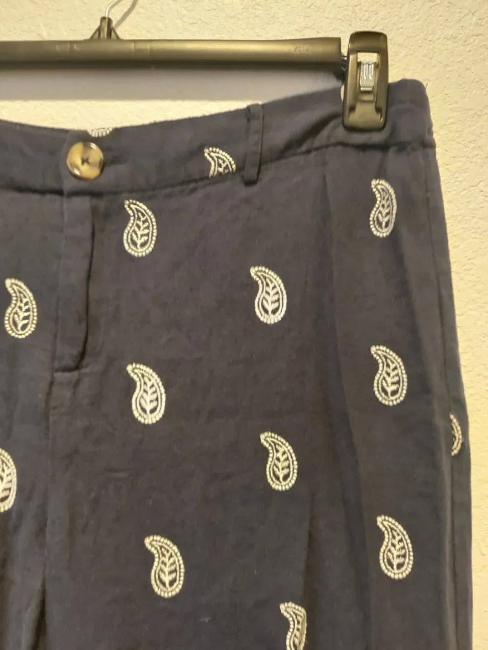 Calligraphie Linen Blend Paisley Wide Leg Cropped Pants Blue Coastal Nautical - Picture 11 of 13
